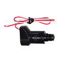 A black plastic threaded electrical connector with attached red and white wires secured by a black zip tie, shown on a plain white background.
