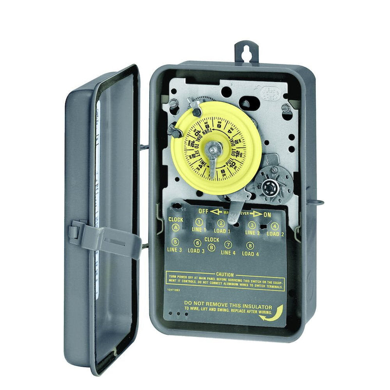 Intermatic T1205R Interruptor horario mecánico de 24 horas, 480 VAC, 60 Hz, DPST, caja metálica para interiores y exteriores, intervalo de 1 hora