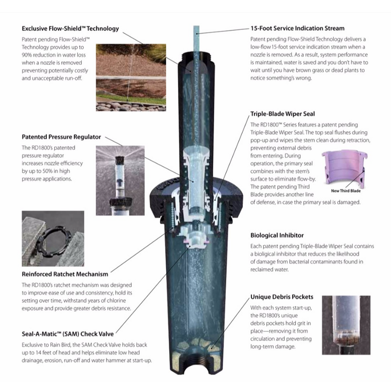 Rain Bird - RD04SP30FN 4" RD1800 Series Spray Head With SAM Check Valve, 30 PSI Pressure Regulator, Flow-Shield, Non-Potable